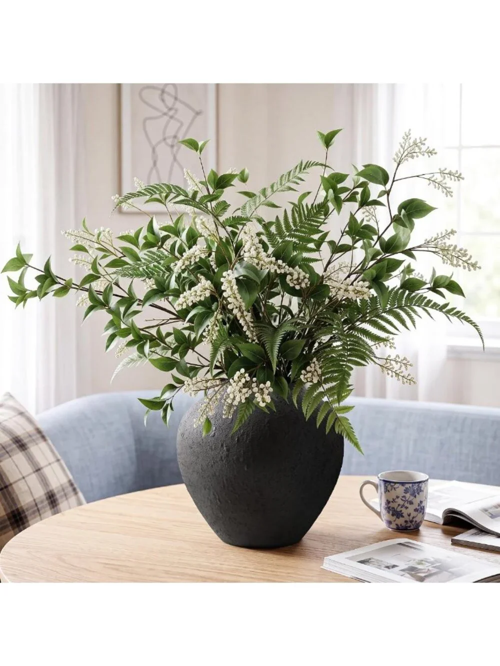 Large Rustic Black Round Vase - Pottery Style Metal Flower Holder for Home Decor